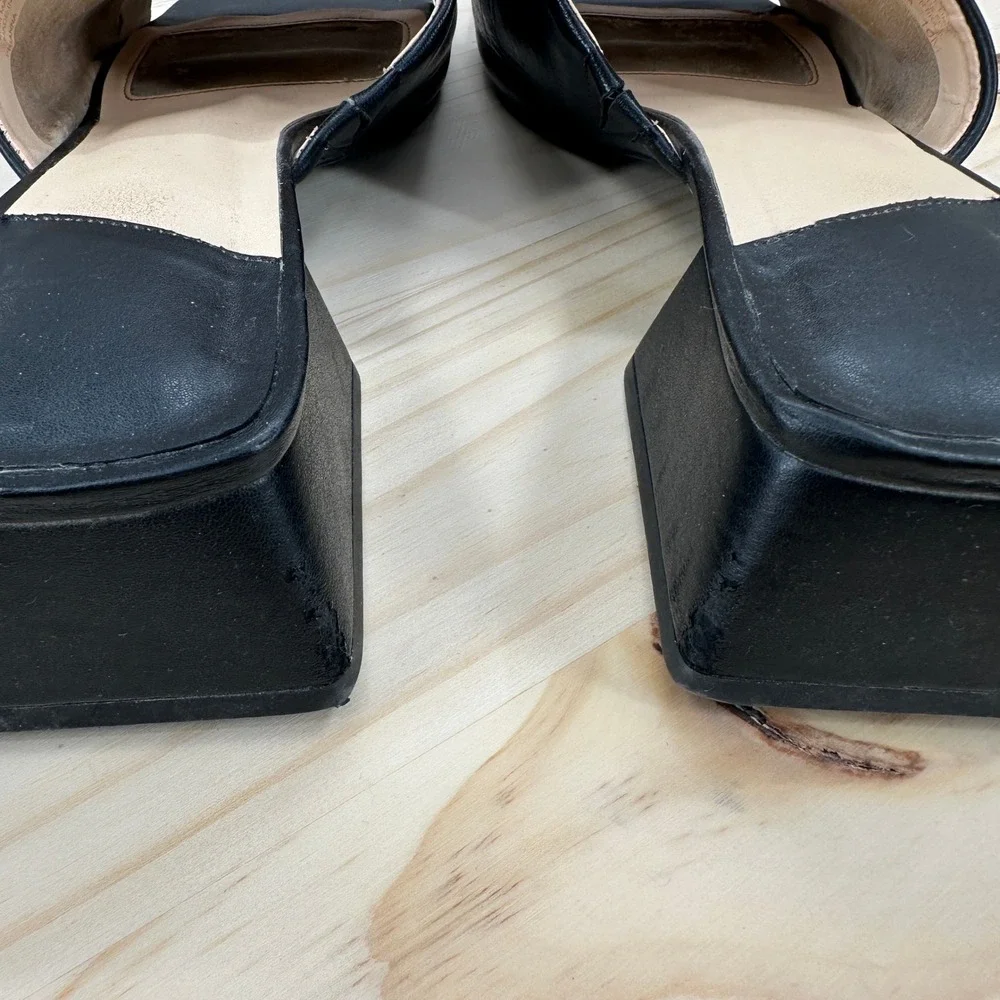 Y2K Sandals Womens 10M Black Leather Square Toe Low Block Heel Mules